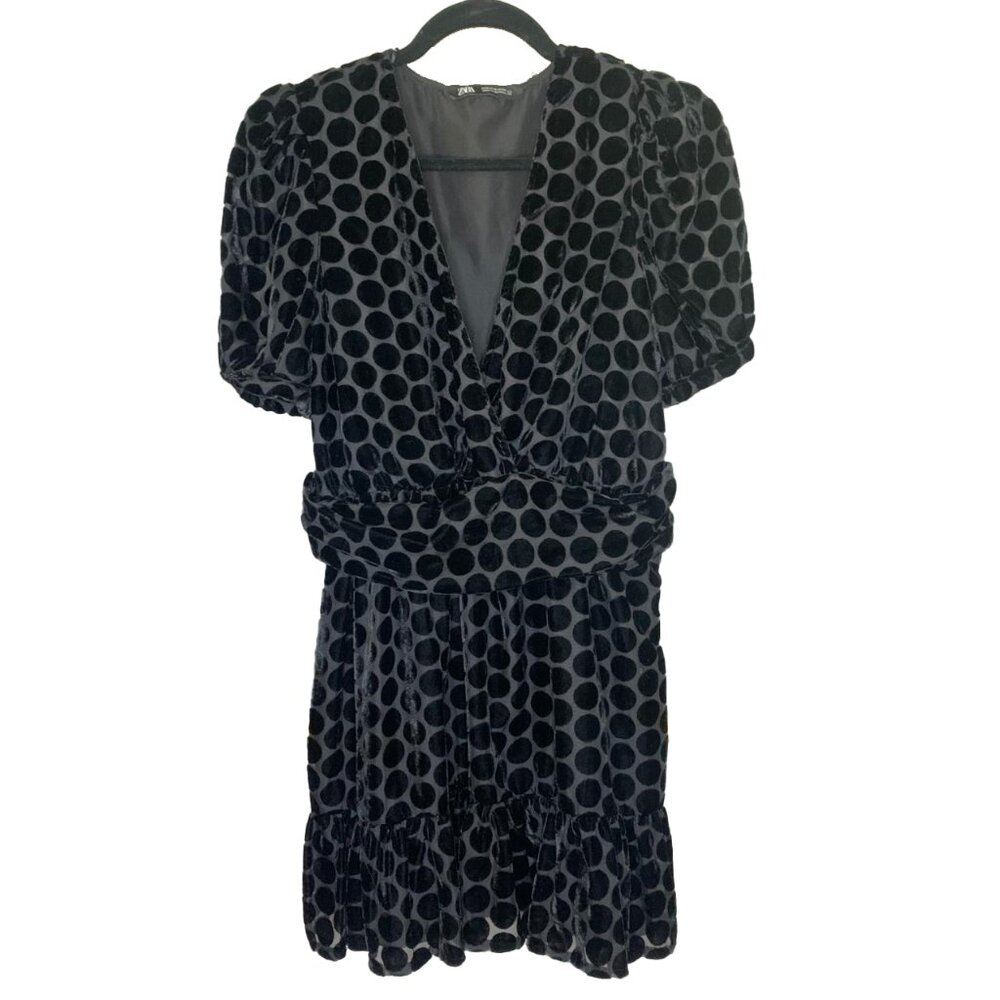 Zara Black Polka Dot Velvet Puffy Sleeve Mini Dress Women's Size Small
